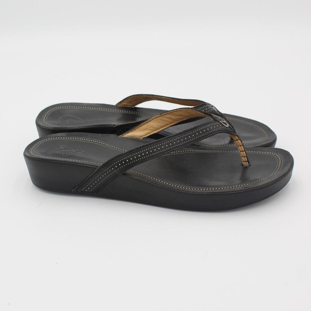 OluKai Flip Flop Sandal Womens 9 Black Leather Wedge Thong Comfort Shoe Slip On